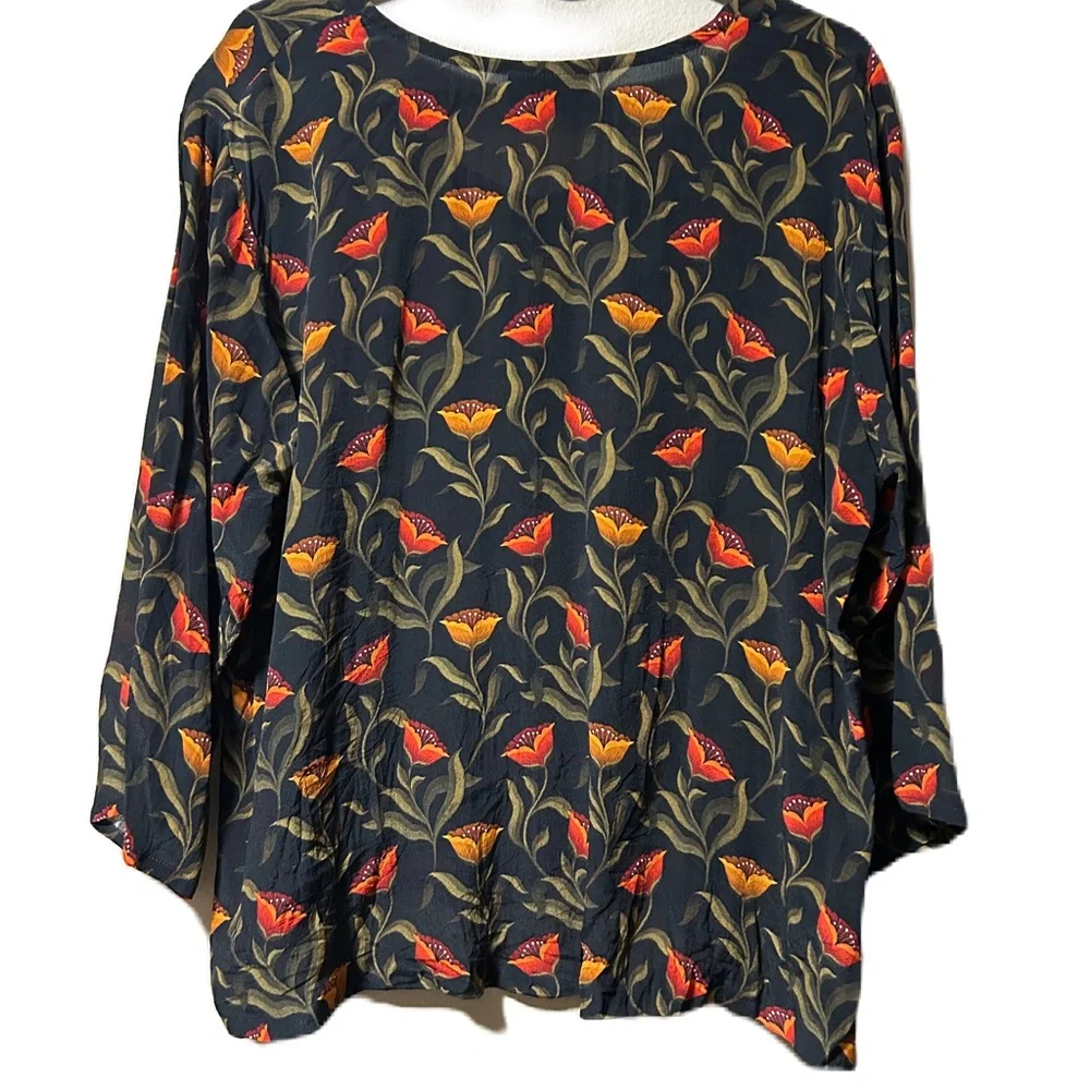 APNY Blouse Womens Large Silk Satin Colorful Floral Poppy 3/4 Sleeve - Picture 2 of 3
